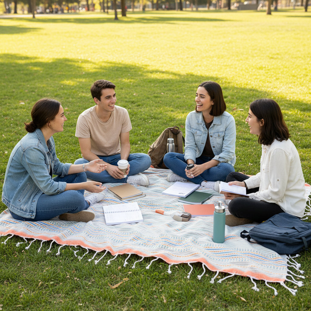 Four friends sitting on a blanket in a park, enjoying a casual outdoor gathering.